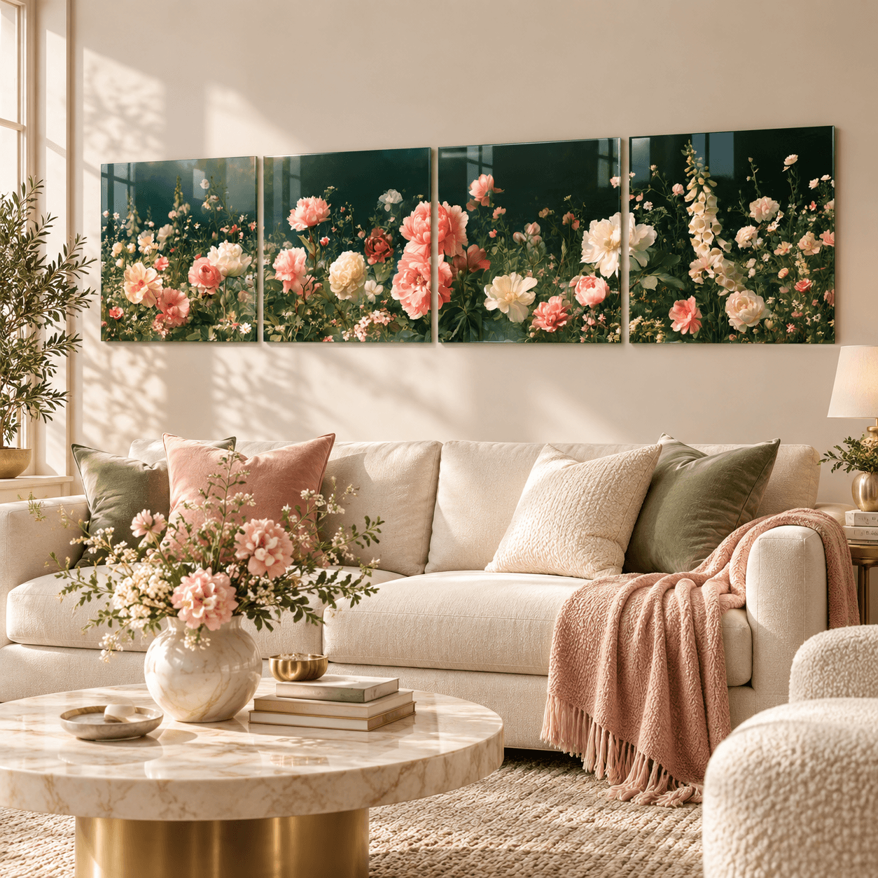 Botanical glass wall art above a cream sectional sofa with pink and sage throw pillows